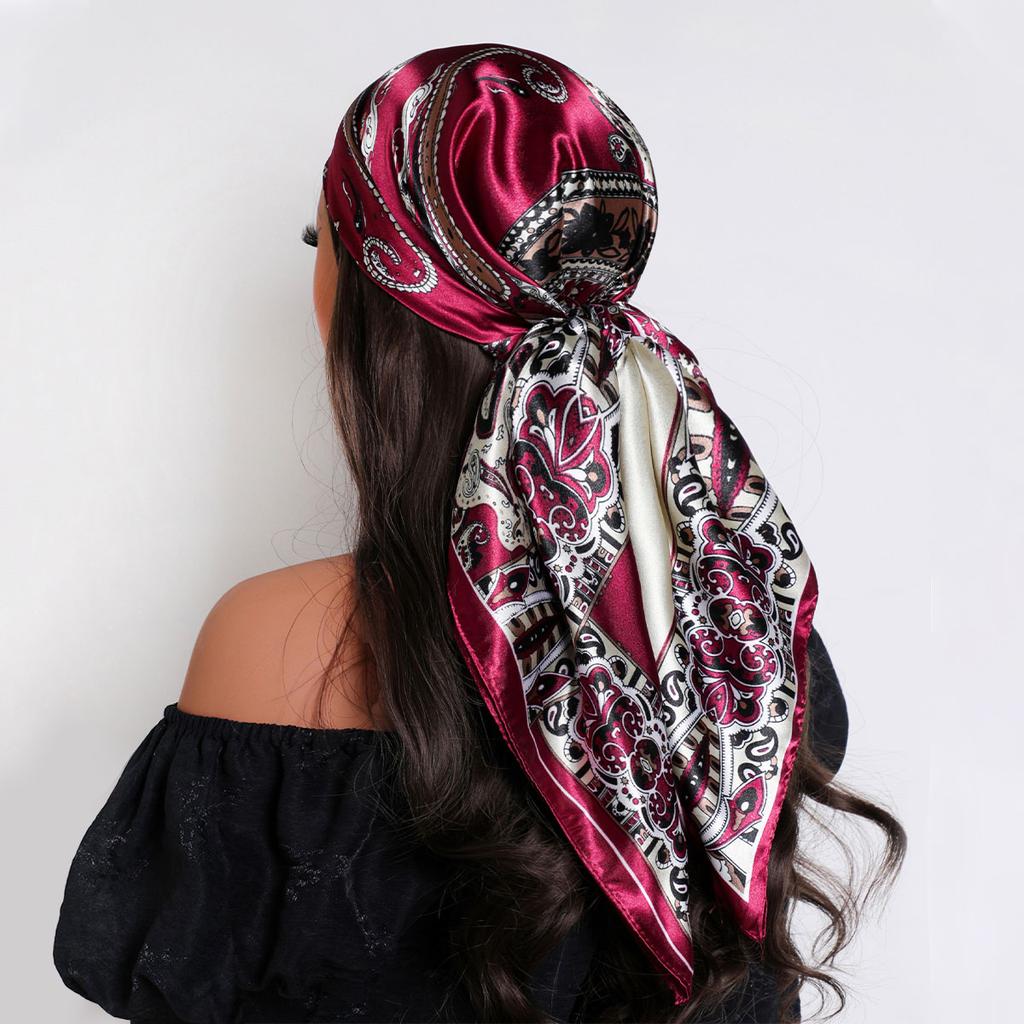 New 90*90cm Retro Brand Women Silk Scarf Bandanna Fashion Bohemian Pattern Square Hijab Lady Wrap Headband Foulard Muffler