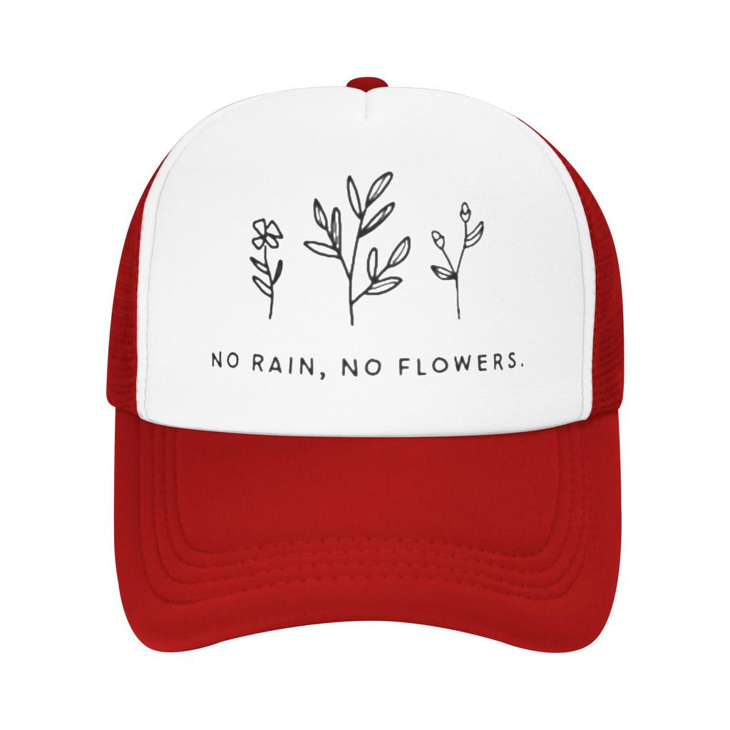 No Rain No Flowers Graphic Trucker Hat Minimalist Floral Design Breathable Mesh Baseball Cap Unisex Casual Adjustable