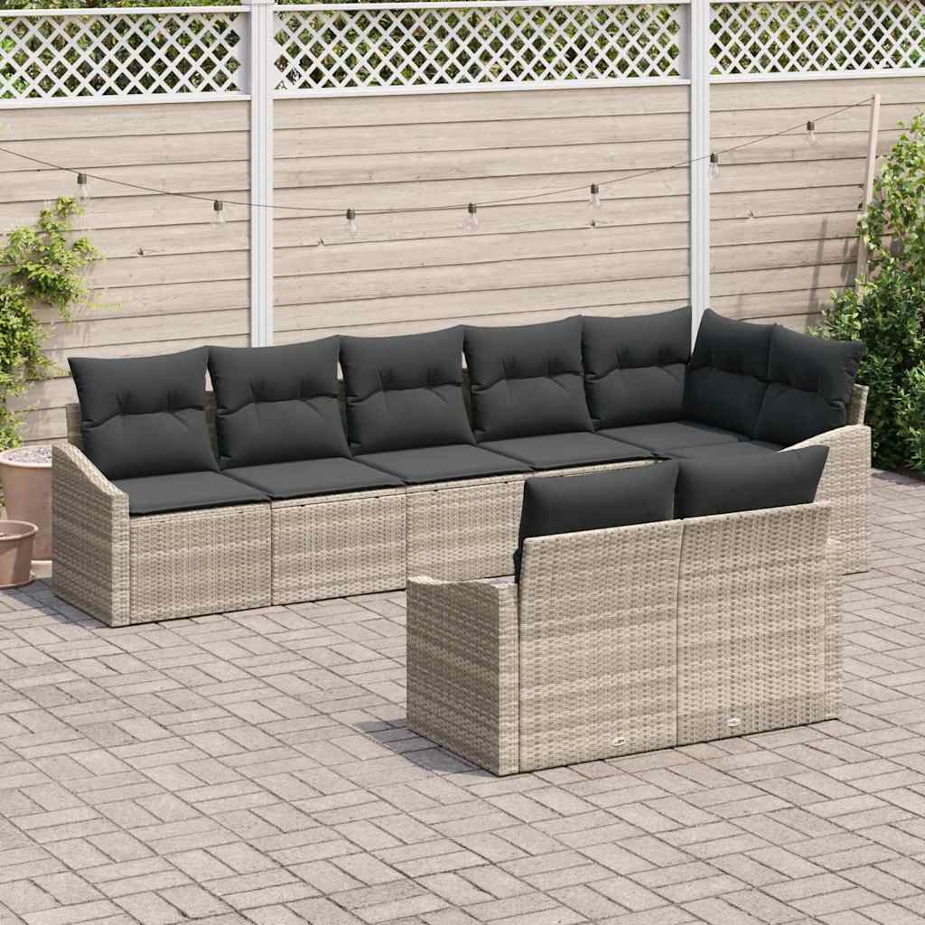 8 Piece Sofa Set with Cushions Light Grey Poly Rattan