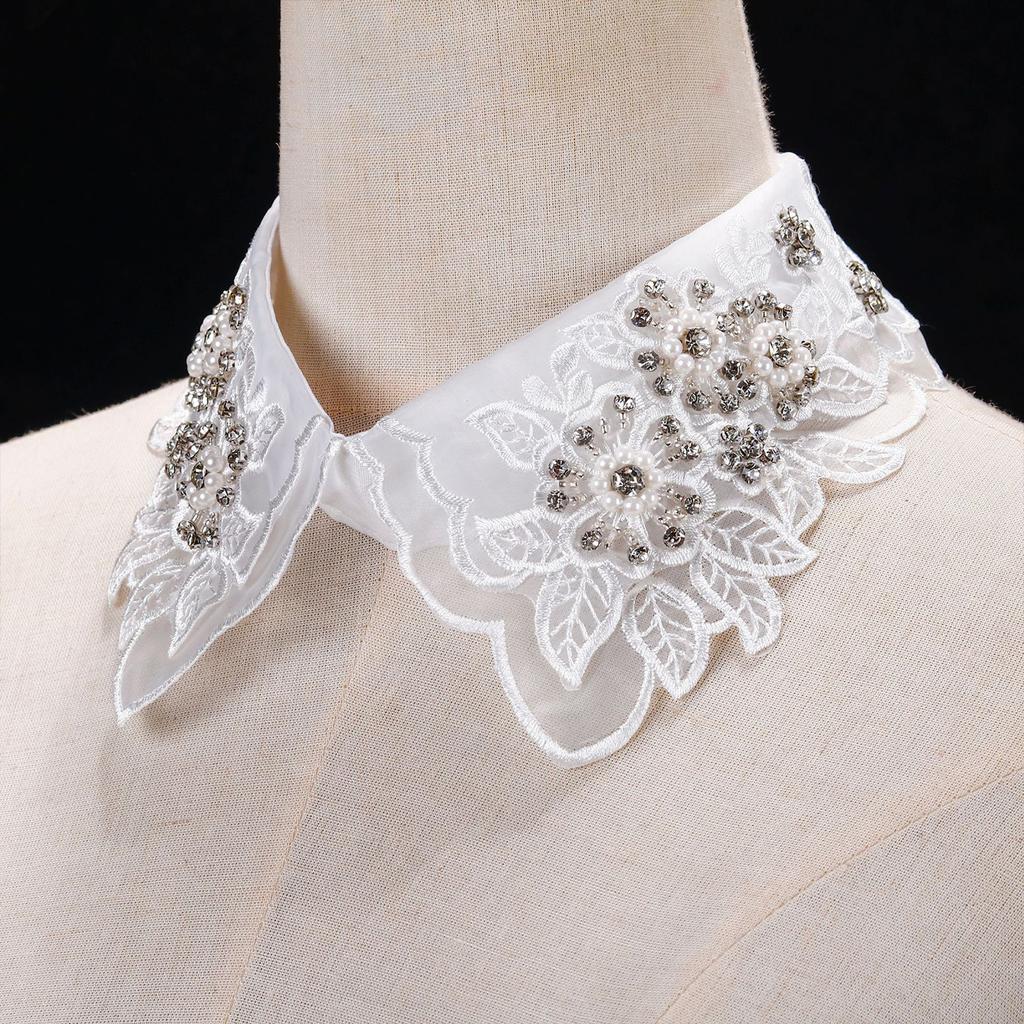 Lace Detachable Collar for Women Embroidery Floral Beaded Lapel Ruffled Stand False Collar Decorative Dress Accessories