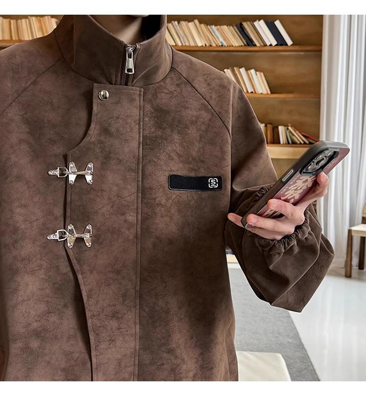 Мужская куртка из ПУ кожи с воротником-стойкой и металлической пряжкой - Ретро-стиль тай-дай для весны и осени