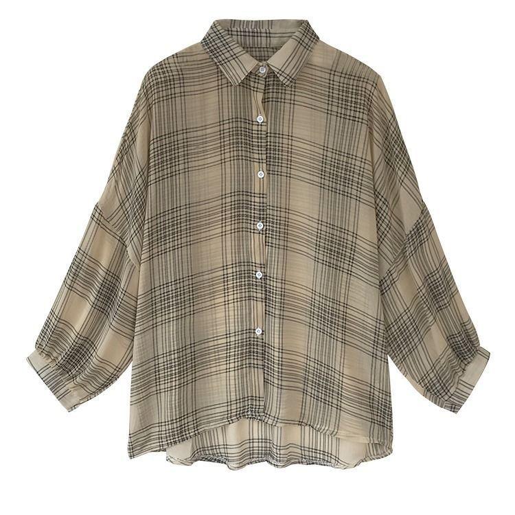Plaid Shirt Womens Chiffon Spring And Summer Fashion Allmatch Longsleeved Sunscreen Top