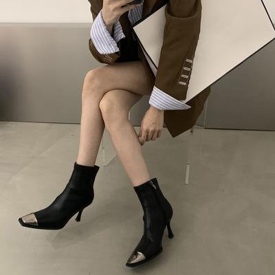 Короткие сапоги с металлическим носком, женские квадратные тонкие каблуки, высокие каблуки, голые сапоги 2024 года, осень и зима, новые эластичные сапоги, мягкие кожаные тонкие сапоги