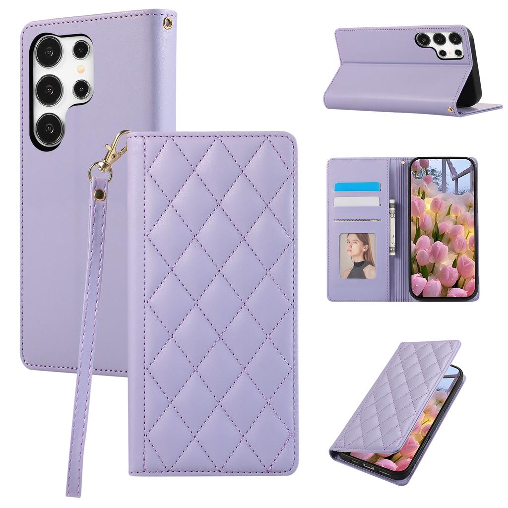 Чехол-кошелек с блокировкой RFID и подставкой для Samsung Galaxy S25 Ultra, ромбовидная кожаная крышка для телефона с ремешком на запястье