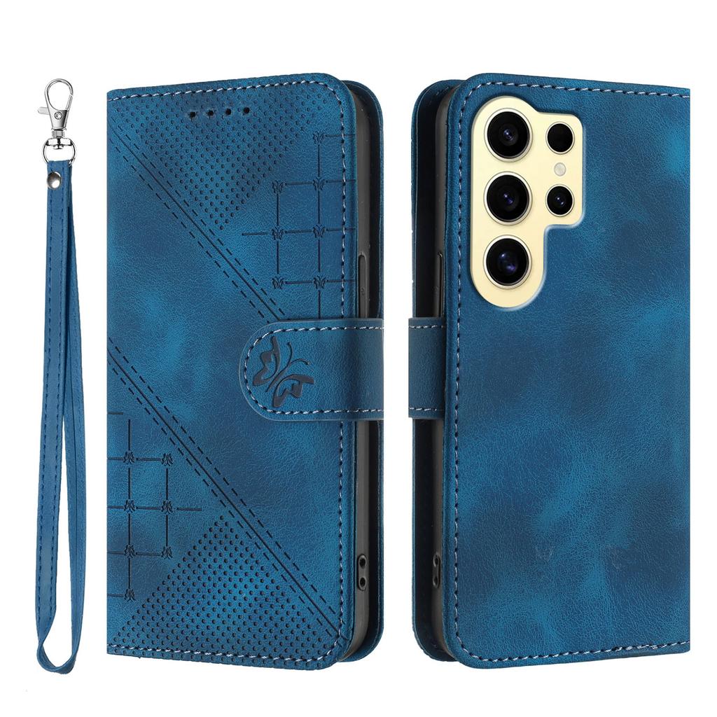 For Samsung Galaxy S24 Ultra Leather Wallet Case Butterfly Flower Imprinted Phone Cover with Strap