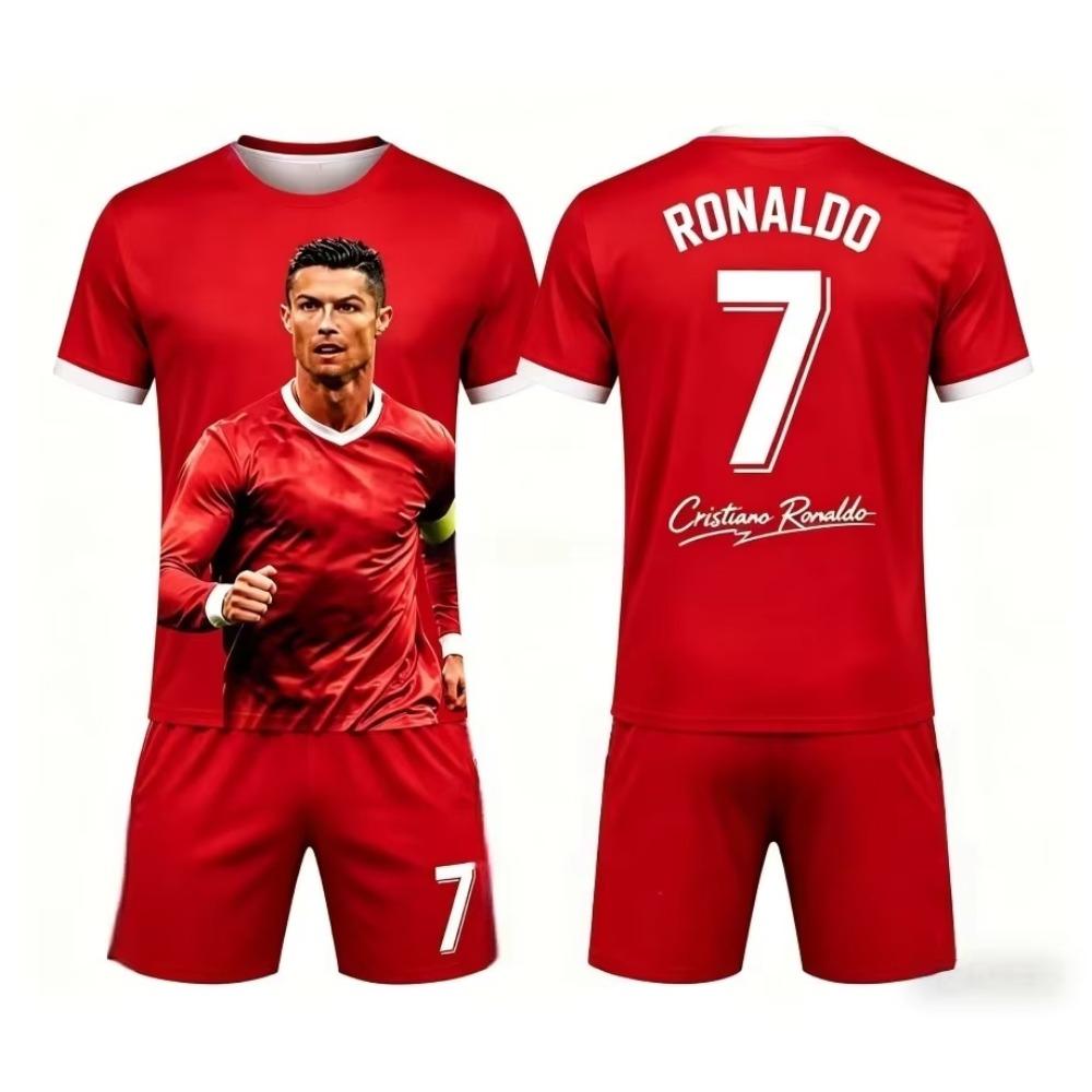 Summer New Fashion Ronaldo #7 Football Jersey Sports Training Match Short Sleeves T-shirt and Shorts Set Loose Family Kids Tees