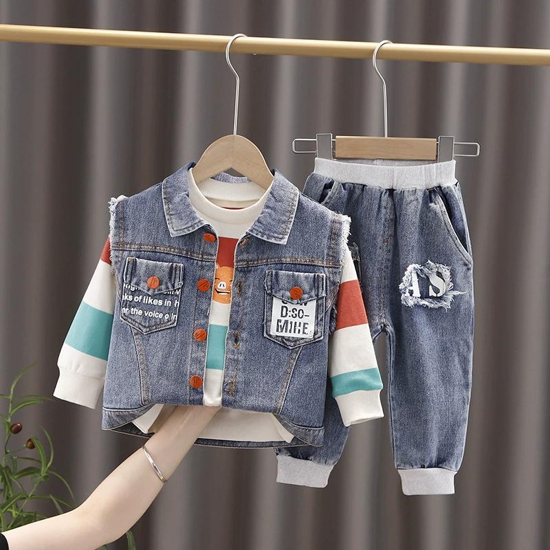 Boys Spring Summer and Autumn Thin Section Lapel Waistcoat + Long-sleeved Shirt + Wide-legged Trousers Casual Denim Three-piece Set