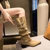 Fashion Western Cowboy Pile Boots Vintage Pointed Toe Block Heel Metal Belt Buckle Skinny Thigh Thick Heeled Shoes Scrub Tall Boots 2025