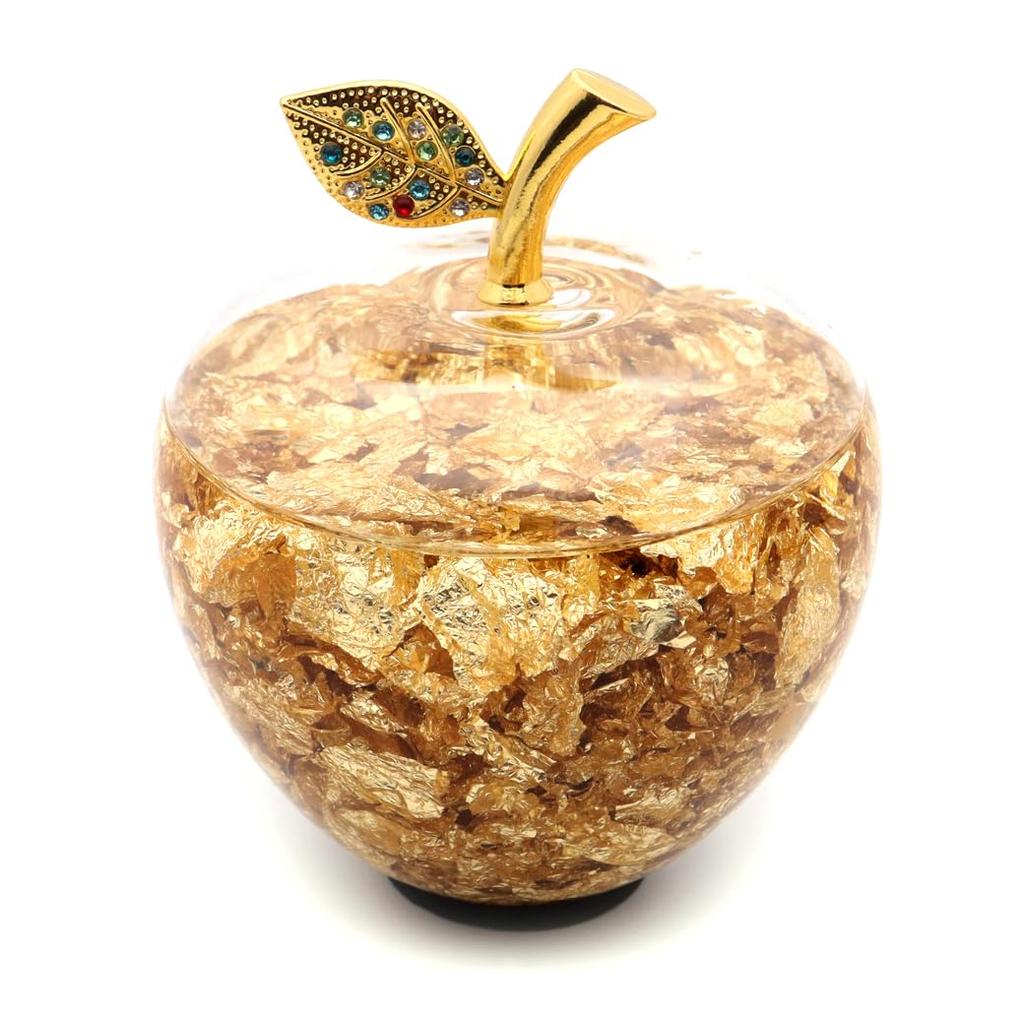Golden Apple Figurine with Gold Leaf, Mother's Day Gift, Auspicious Charm, Feng Shui, Happiness, Good Luck, New Year's Gift, Medium Size, with Box