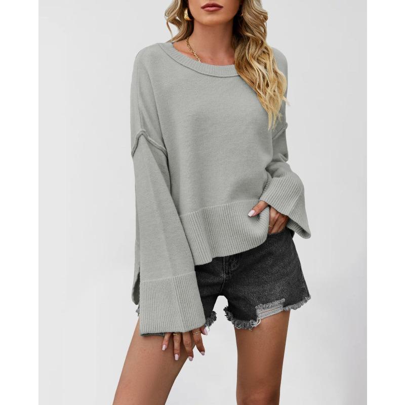 DICFY Women's Fashion Casual Solid Color Print Autumn Winter O-Neck Long Sleeve Loose Sweaters