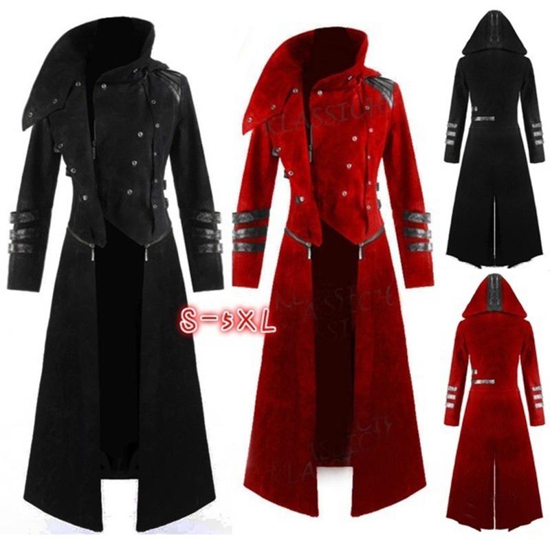 Элегантное мужское длинное готическое стимпанк-тренч-пальто с капюшоном и дизайном в стиле корсета