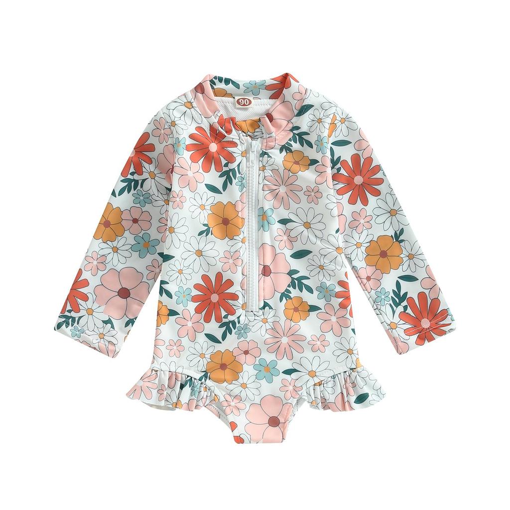 Детские купальники для маленьких девочек, 12 месяцев, 18 месяцев, 24 месяца, 3 года, 4 года, 5 лет, летние комбинезоны с длинными рукавами и оборками на молнии с цветочным принтом, купальники, пляжная одежда, купальные костюмы