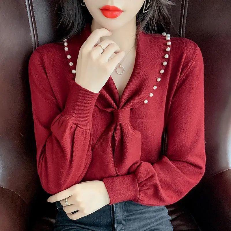 Модная блузка с длинным рукавом с v-образным вырезом и бантом, свободные повседневные пуловеры с длинным рукавом, женская одежда, рубашка