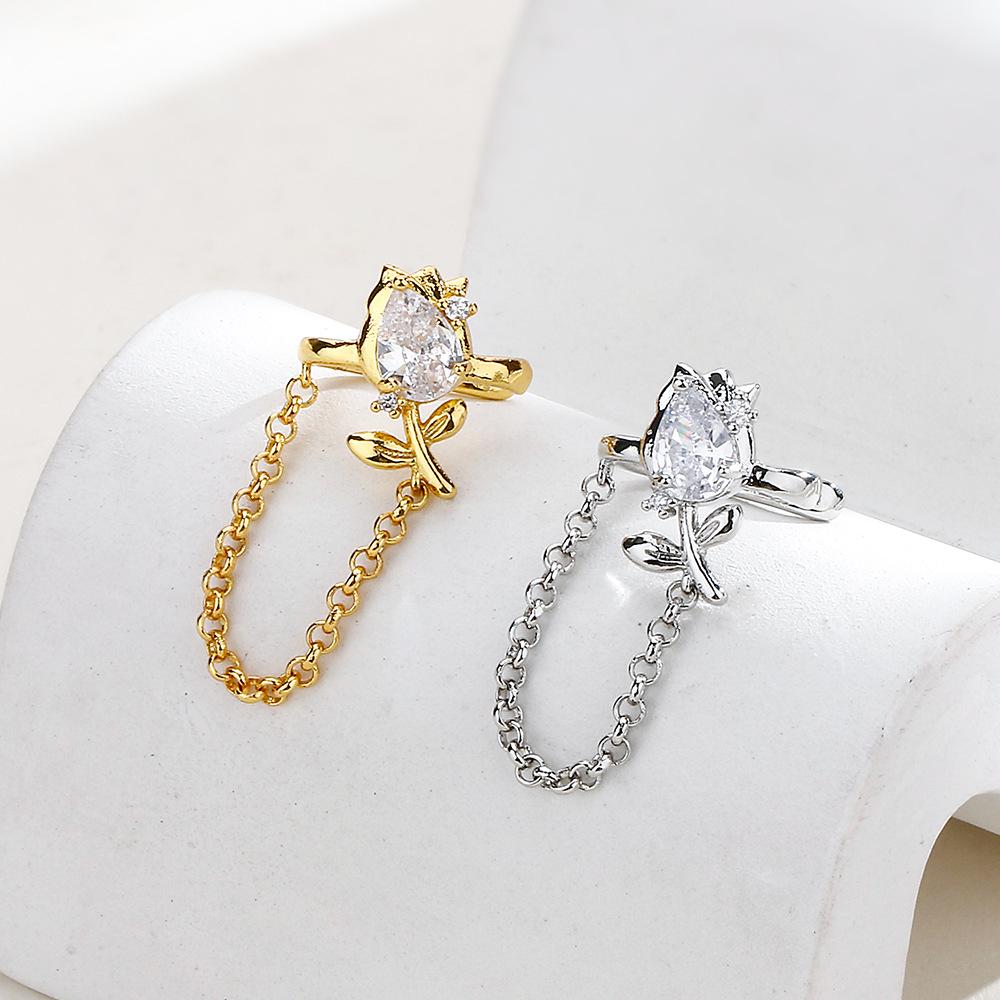 Sweet Rose Flower Ear Clip Chain Design Zircon Lily Of The Valley Ear Bone Clip Without Ear Piercings