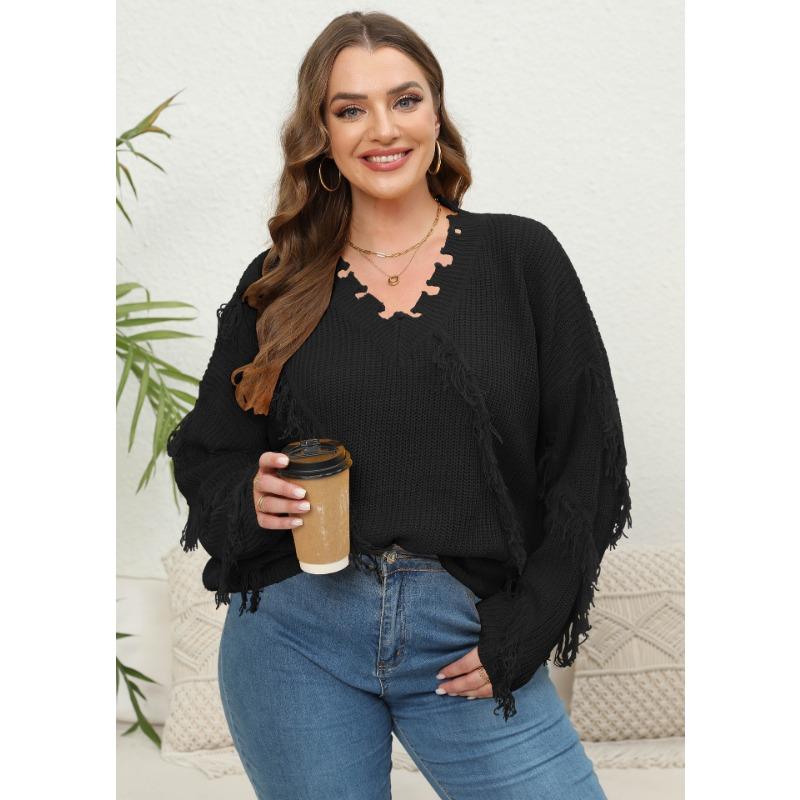 Women S Plus Size V Neck Tassel Pullover Sweater Autumn Winter
