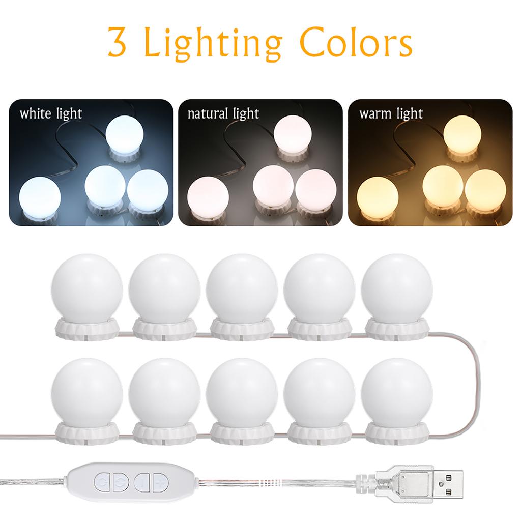 Vanity LEDs Mirror Lights Kit with 10 Bulbs Adjustable 10 Brightness & 3 Lighting Modes USB Mirror String Light for