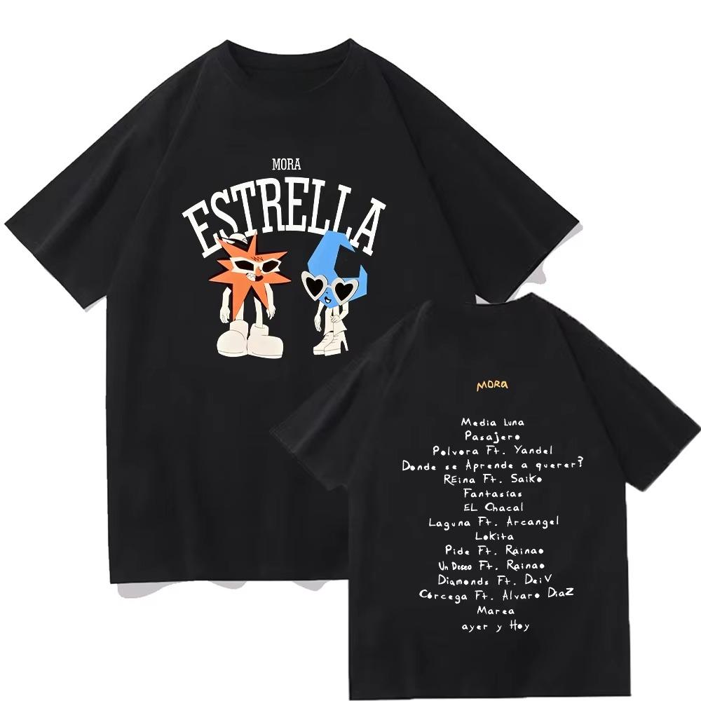 2026 Mora Estrella and Media Luna Graphic Tshirt Rapper Mora Merch T Shirts Women Men Cotton High Street Tee Short Sleeve top