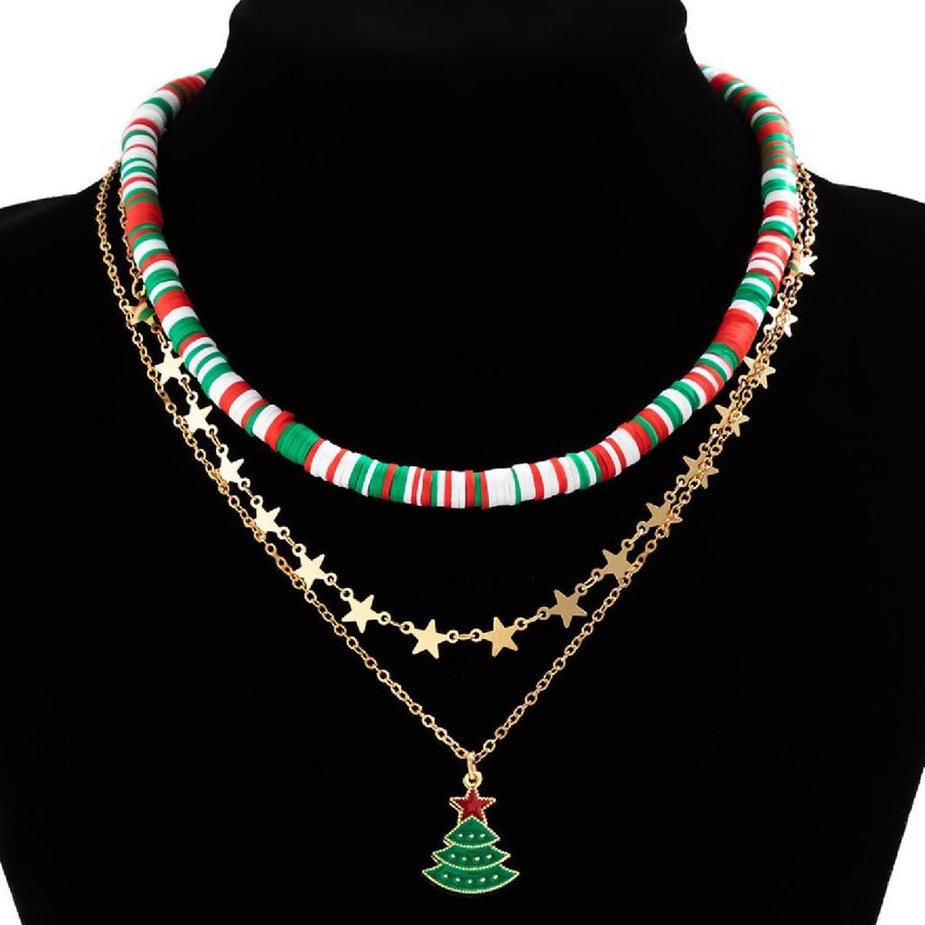 Женское ожерелье-чокер 'Мультяшная рождественская елка' - Многослойное, из бусин, с эмалью и полимерной глиной