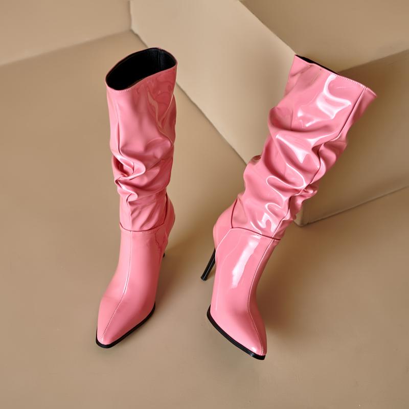 2024 Winter Slouch Boots for Women Shiny Patent Leather Mid Calf Heels Boots Stiletto Purple Green Rose Red Pleated Shoes