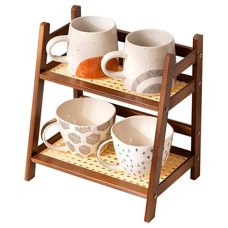 1Pc Cup Holder Work Storage Rack Bedroom Display Rack Kitchen Vine Weaving 2-layer Storage Rack