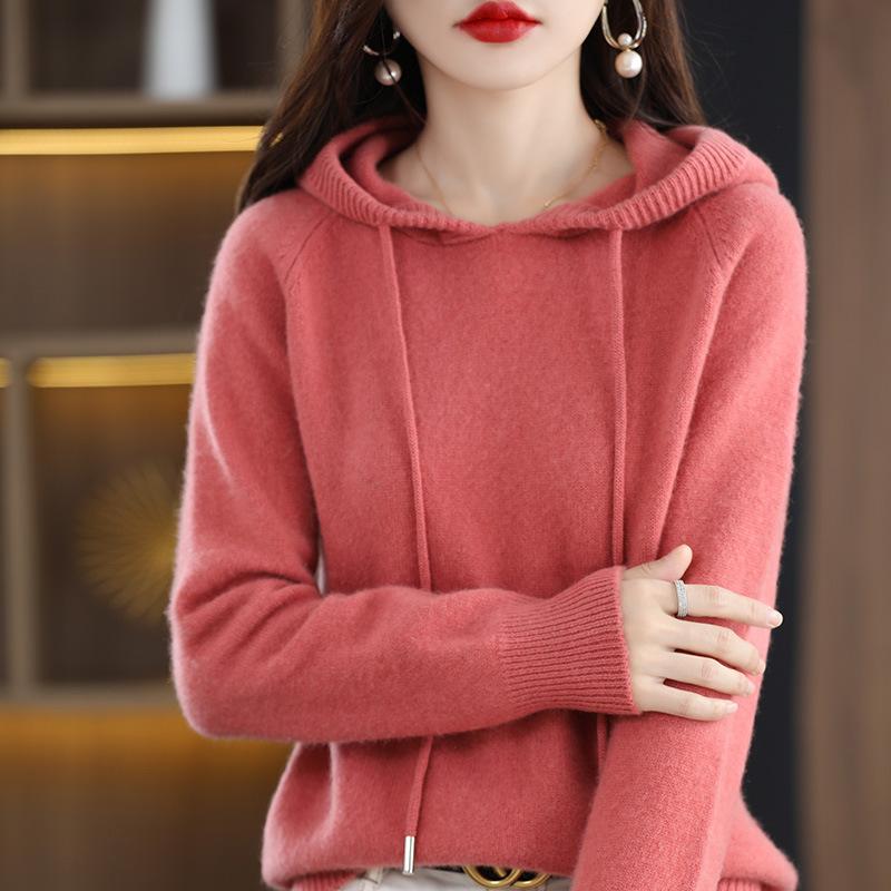 Camel Hooded Sweater Solid Color Pullover Knit Hoodie Drawstring Loose Fit Casual Top
