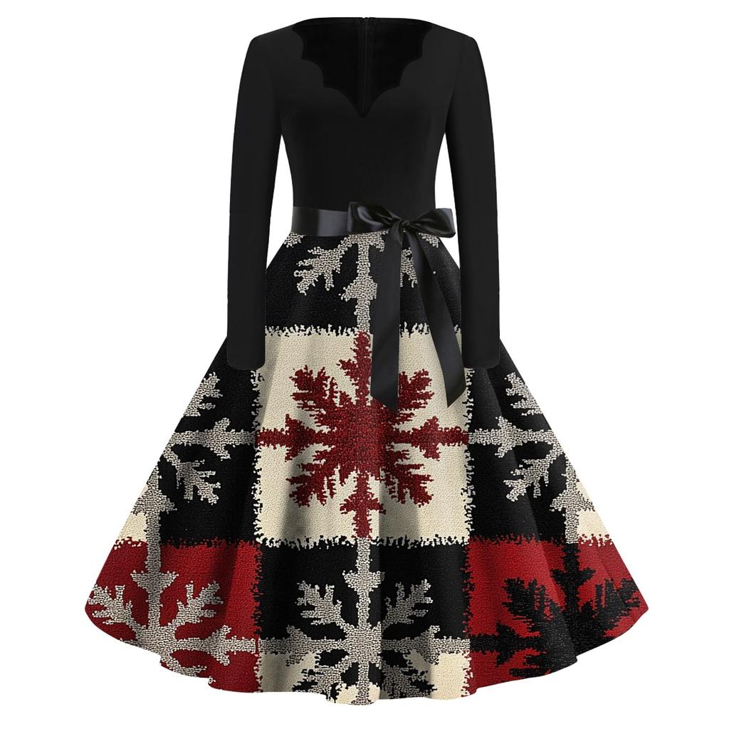Женские модные повседневные тонкие рождественские платья с длинным рукавом с v-образным вырезом и принтом