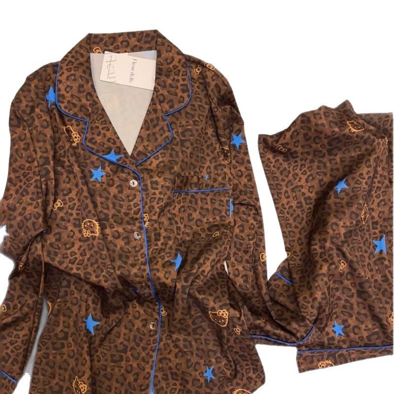1011 New Black Leather Leopard Print Ice Silk Pajamas for Women, Kitty Cat Thin Casual Long Sleeve Long Pants Loungewear Set