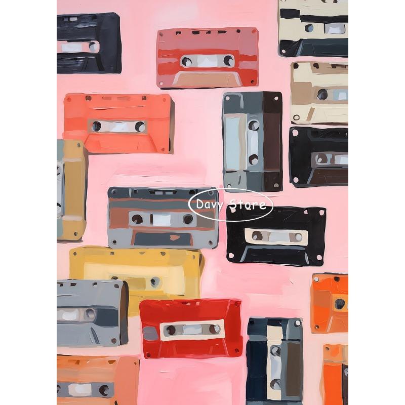 Винтажный проигрыватель кассетный магнитофон музыкальный постер эклектичный розовый принт на стену ретро холст картина бар домашний декор эстетика