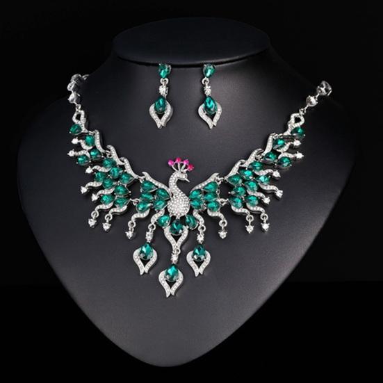 Элегантное зеленое ожерелье со стразами, комплект серег в форме павлина, свадебное ожерелье, висячие серьги, комплект, подарок
