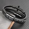 MingAo New Custom Engraved Family Name Beads Cross Bracelets Black Braided Leather Stainless Steel Bracelets for Men Fathers