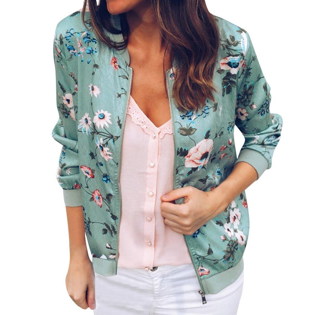 Womens Ladies Retro Floral Zipper Up Jacket Casual Coat Outwear