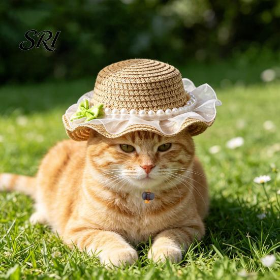 Pet Hat Scalloped Straw Cute Lace Ruffled Cat Sun Sweet Headwear with Buckle Summer for Cats Small Dogs Outdoor Travel Camping Comfortable