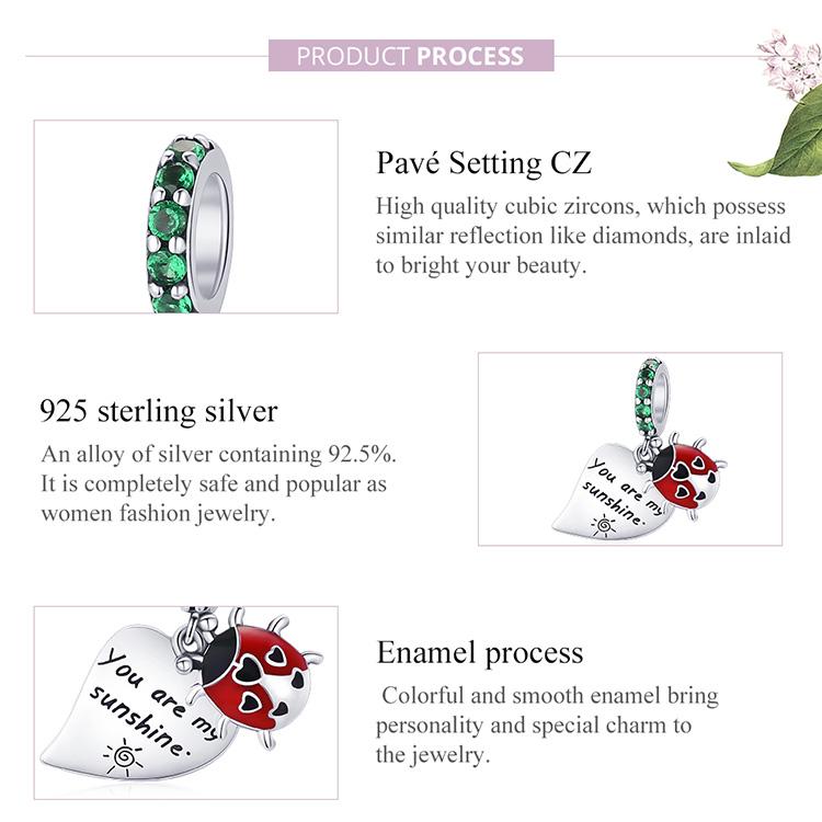 WOSTU Сияющий циркон, красная божья коровка и бирка в форме сердца, стерлинговое серебро 925 пробы, подвесные бусины, подходят к оригинальному браслету, подвеске, ювелирные украшения