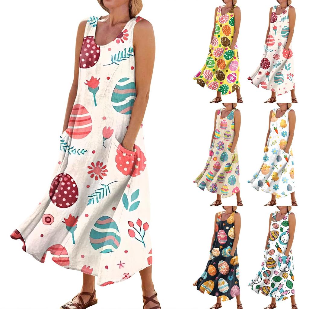 Women's Summer Casual Fashion Easter Printed Sleeveless Round Neck Pocket Dress