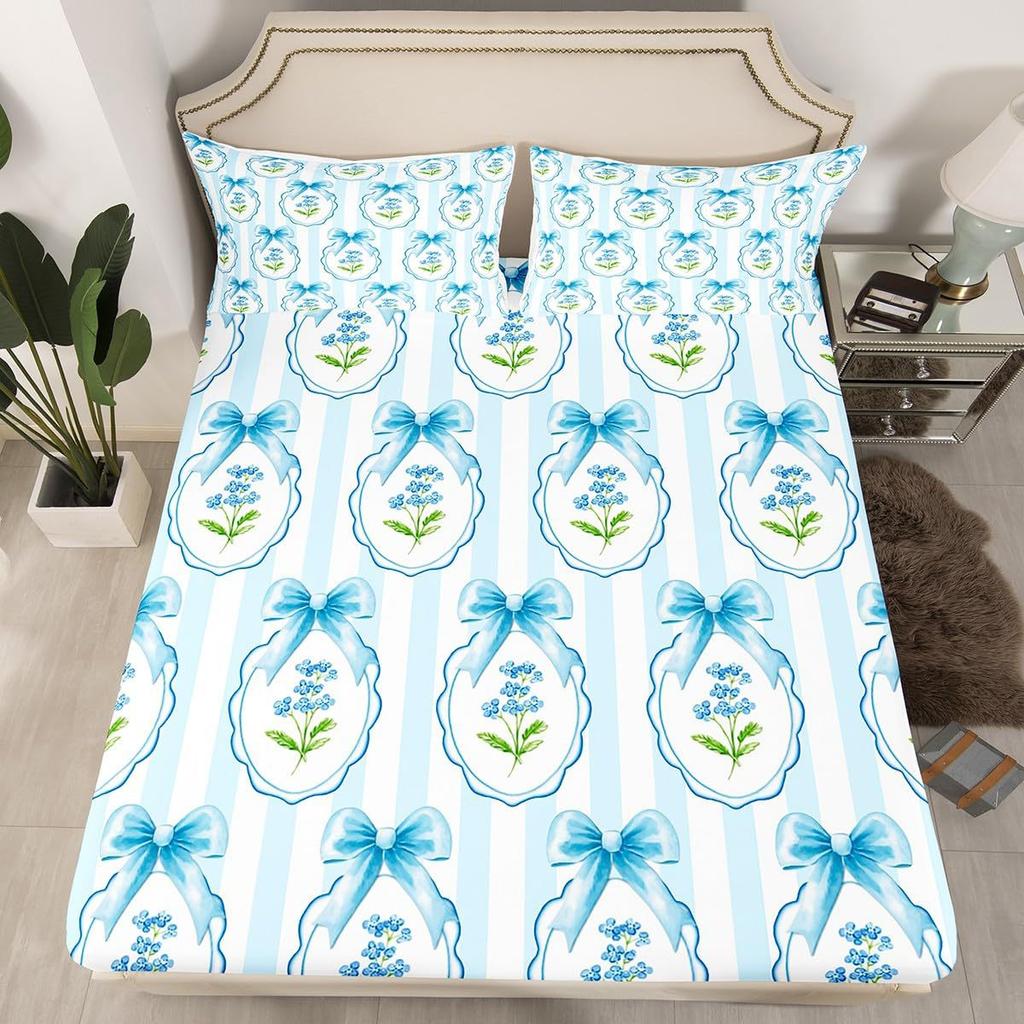 Simple Bow Pattern Mattress Three-Piece Digital Printing Mattress Bedding Set Adult Children