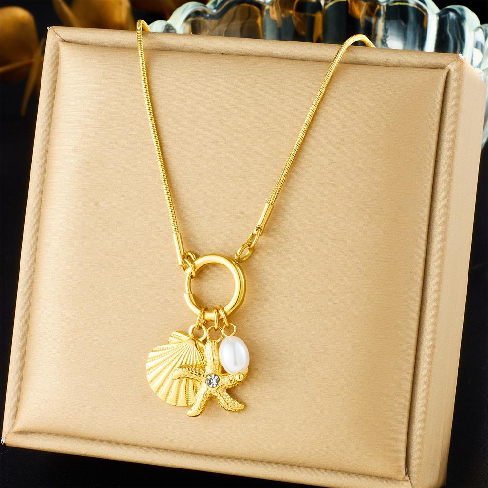 DIEYURO 316L Stainless Steell Golden Scallop Pearl SeaStar Zircon Pendant Necklace For Women Ocean Neck Chain Jewelry Gift