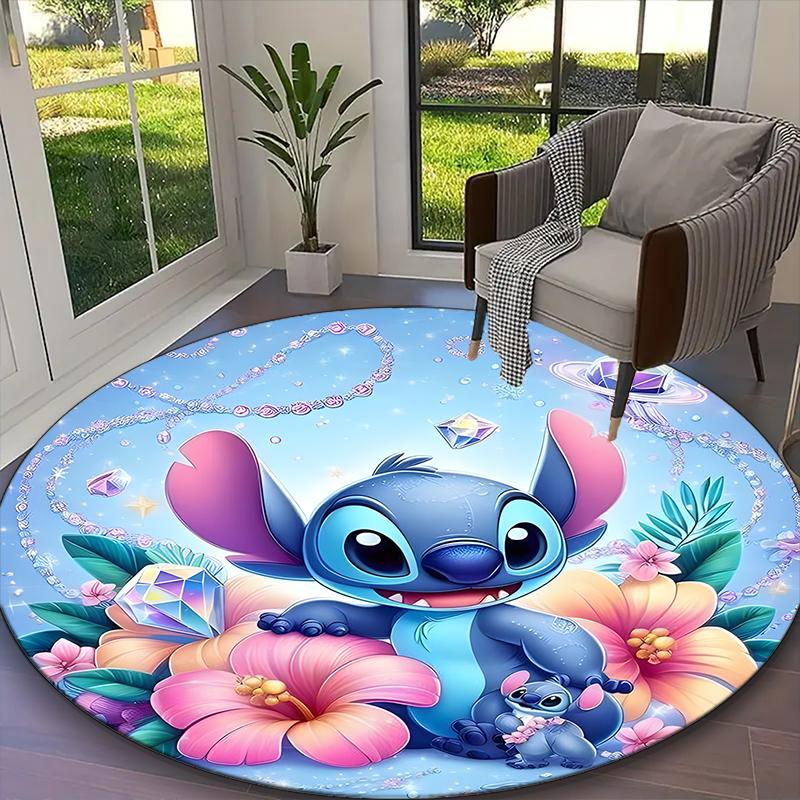 [Stitch Pink Bow Pastel Floral Printed Carpet] Non-slip Office Rug, Cozy Round Carprt for Living Room Use, Soft Home Sofa Chair Mat