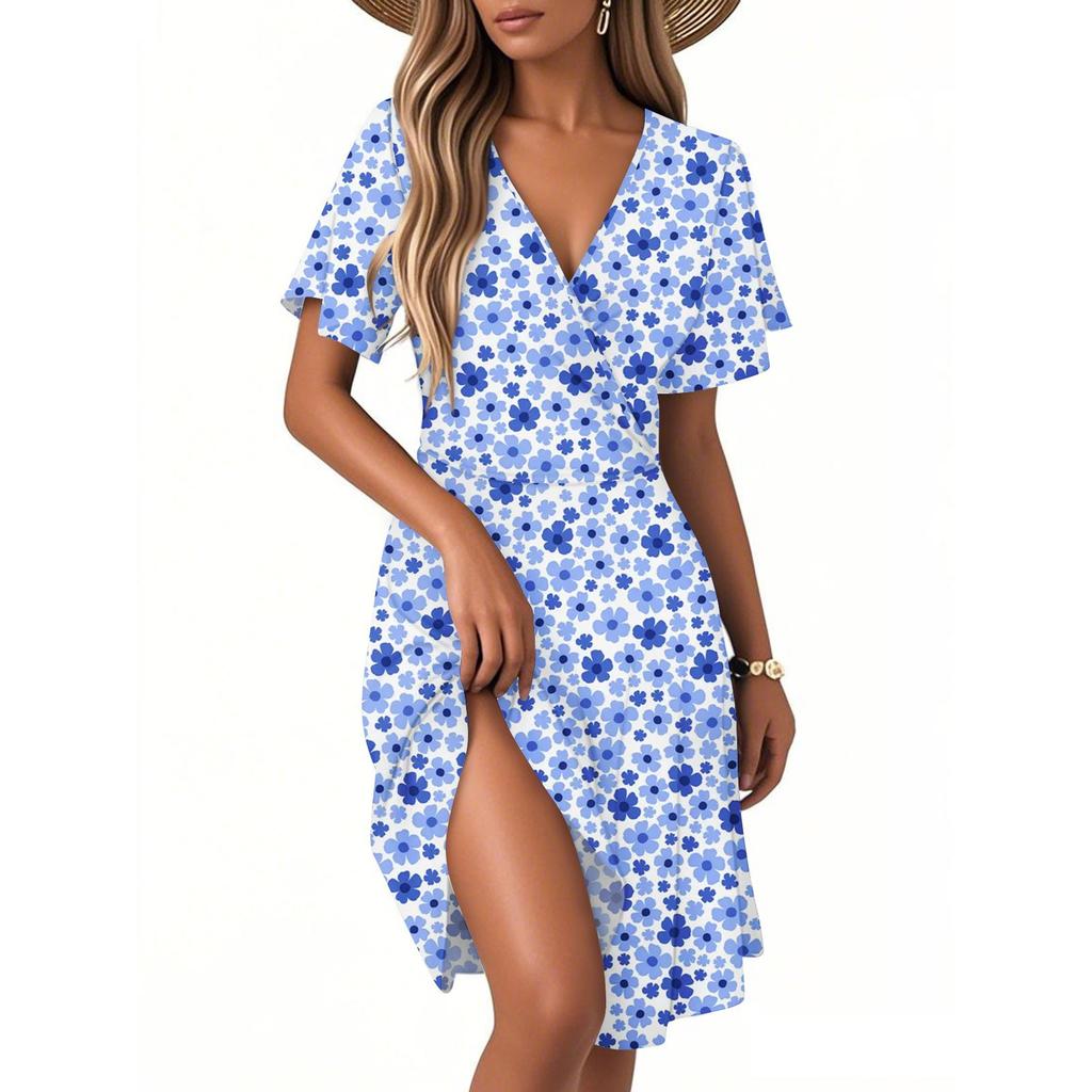 Женское повседневное модное платье с винтажным цветочным принтом и коротким рукавом и V-образным вырезом