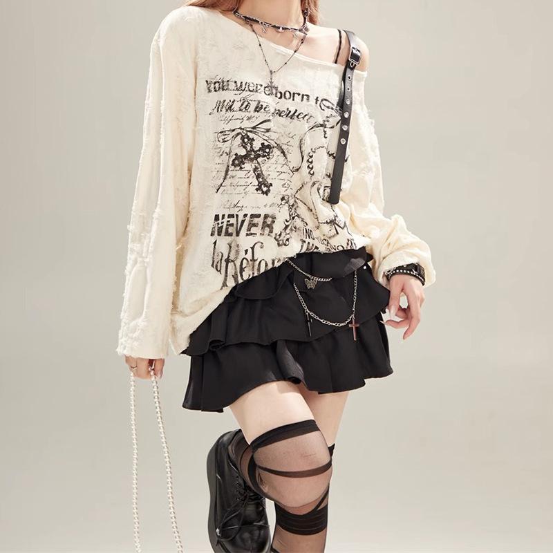 Y2k готический гранж темный ажурный футболка женская Harajuku ажурный с открытыми плечами сексуальные футболки осень панк буквенный принт топы