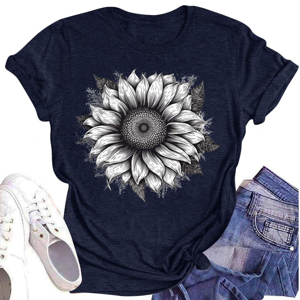 Женская повседневная футболка с круглым вырезом и цветочным принтом, короткий рукав