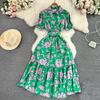 Vintage Robes Puff Short Sleeve Lapel Neck Vestido Wrapped Waist Slim Medium Length A-Line Print Dress