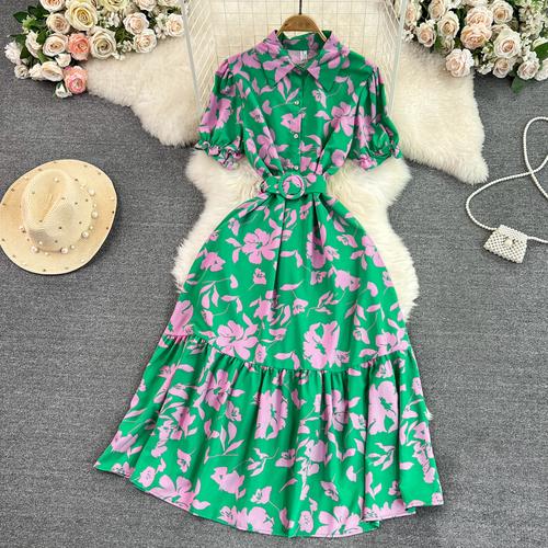 Vintage Robes Puff Short Sleeve Lapel Neck Vestido Wrapped Waist Slim Medium Length A-Line Print Dress
