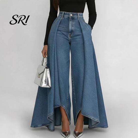 Simple Design Women Trousers Pants High Waist Buttons Zipper Closure Denim with Everyday Pockets Irregular Large Hem Wide Leg Solid Color Casual Loose