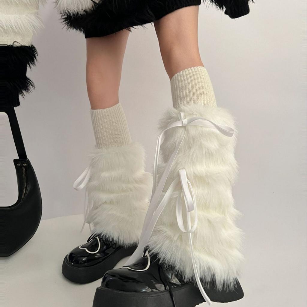 Bow Knot Leg Warmers Thickened Imitation Rabbit Fur Women Leggings Boots Cover Lolita Punk Harajuku Party Accessories