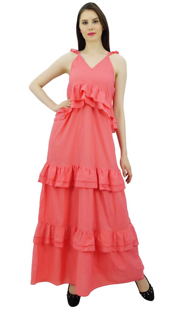 Bimba Sexy Summer Spaghetti Strap Sundress V-Neck Casual Ruffle Long Maxi Beach
