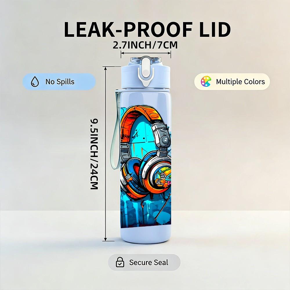 1PC Headphone Blue Tech Graffiti Style Art 750ml Color Plastic Sports Water Bottle Leakproof Flip Straw Lid Suitable for Sports Office Home Use