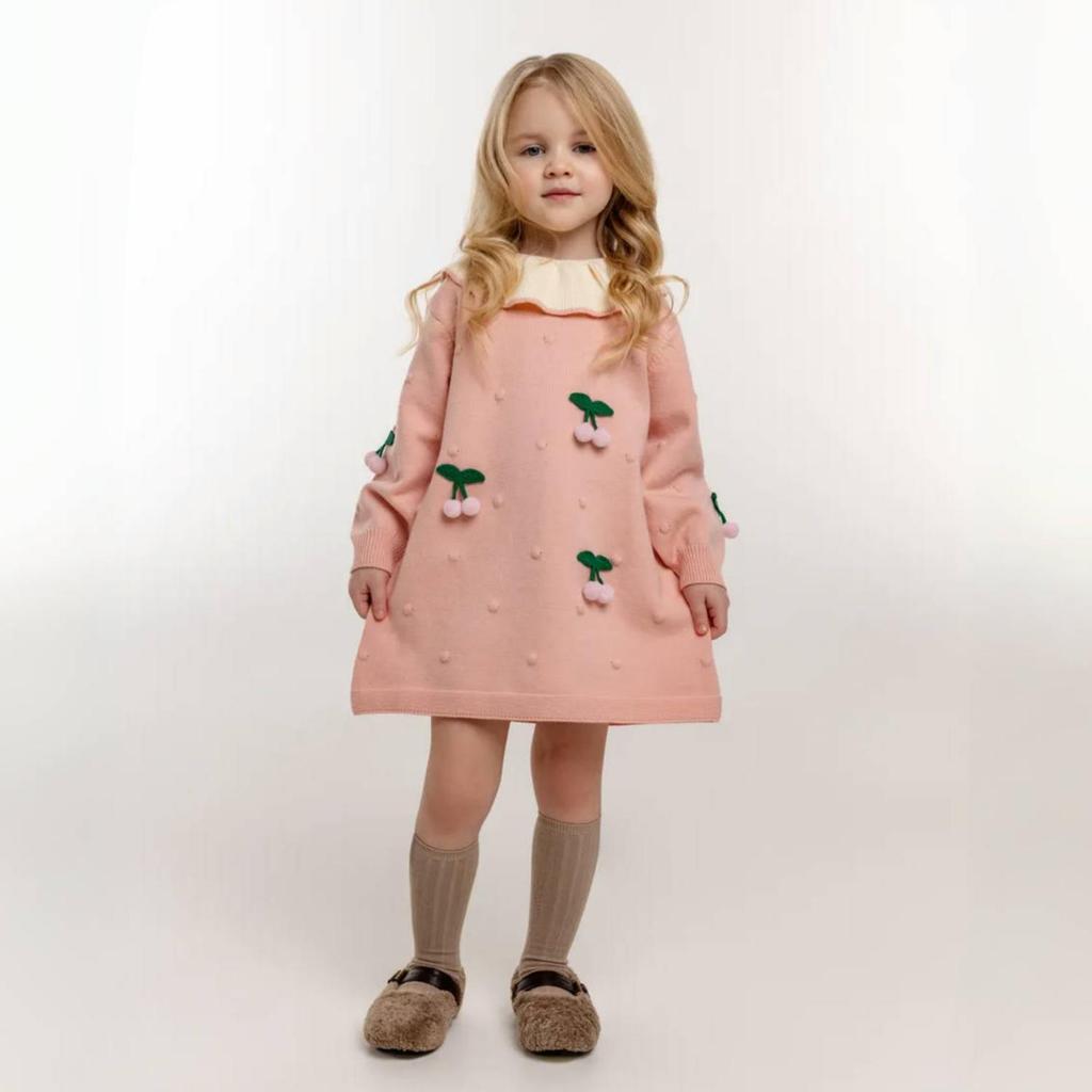 Girls' Knitted Cherry Dress – Long Sleeve Warm Sweater Dress with Ruffled Collar