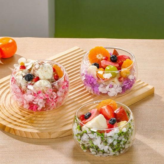 Стеклянная миска с двойными стенками с настоящими прессованными цветами, термо- и холодостойкая, прозрачная миска для подачи салатов, десертов, милый декор для дома и кухни