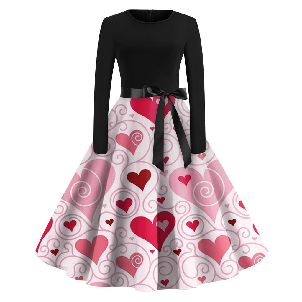 Женское винтажное классическое платье с длинным рукавом и принтом на День святого Валентина, свободное платье с круглым вырезом