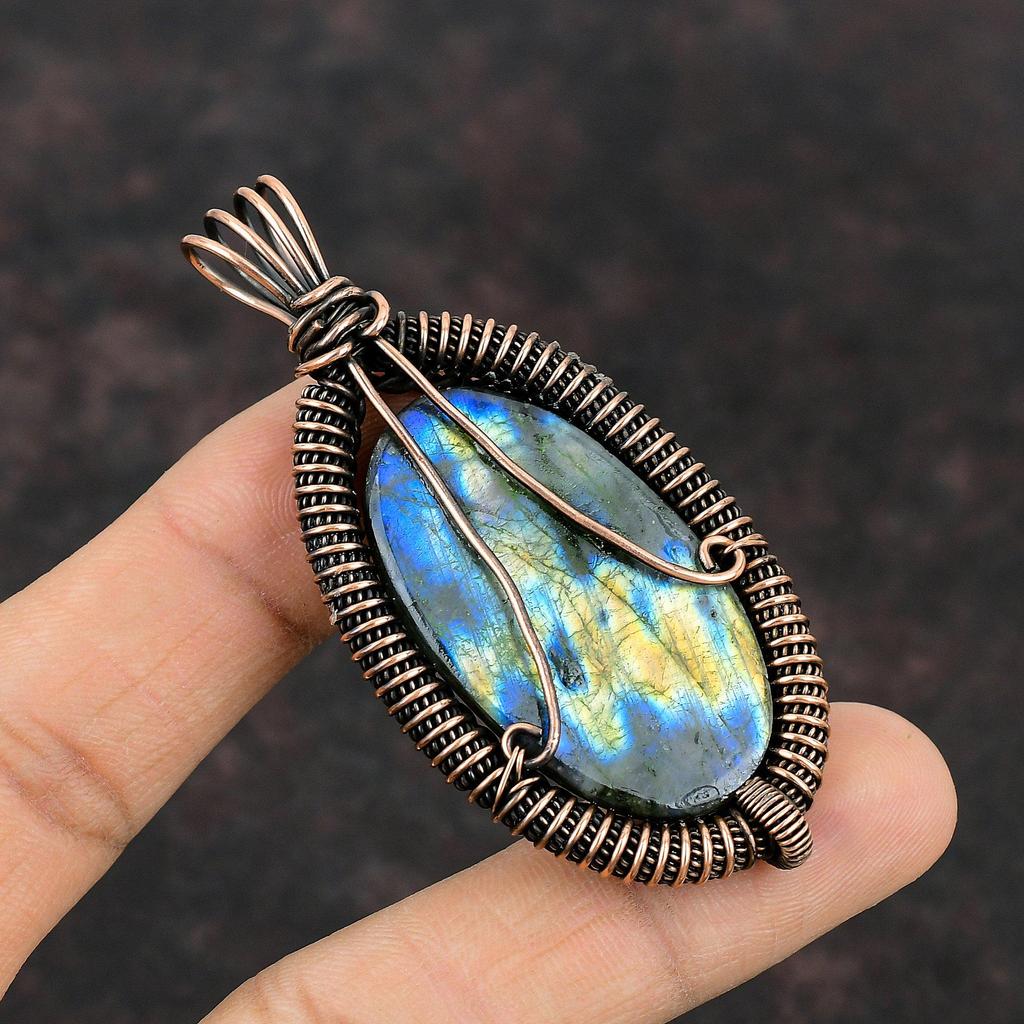 Кулон Лабрадорит Мистический Огонь Кулон, обернутый медной проволокой Ювелирные изделия с драгоценным камнем Лабрадоритом Кулон ручной работы Ювелирные изделия из медной проволоки Подарок для женщин